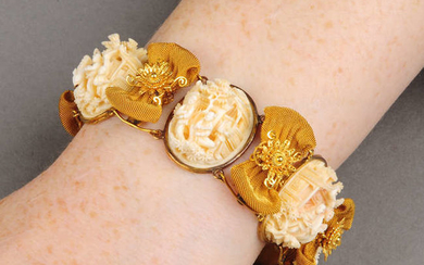 A mid to late 19th century gold ivory panel bracelet, each Cantonese carved to depict various scenes. With spare link.