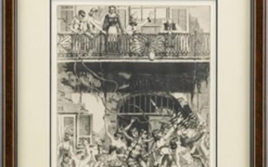 MORRIS HENRY HOBBS, Louisiana/Illinois, 1892-1967, "Mardi Gras on Royal Street, Old New Orleans", 1940., Etching on wove paper, 12.5...