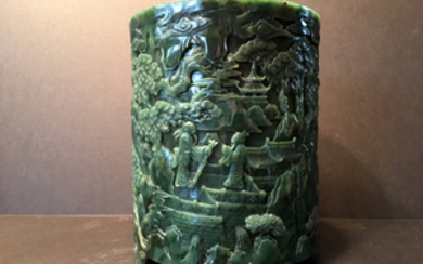 AN OLD Large Chinese Spinach Jade Brush Pot, late Qing period