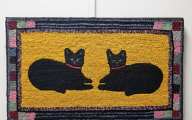 Pictorial Hooked Rug with Cats