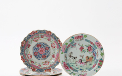 A set of three Chinese famille rose 'lotus' plates and a famille rose 'horses' plate