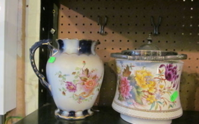 A Victorian Carlton Ware floral jug and three biscuit barrels