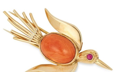 VINTAGE CORAL AND RUBY BIRD BROOCH, set with an oval