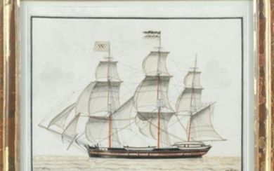 WATERCOLOR PORTRAIT OF THE WHALESHIP GEORGE & ALBERT OF LE HAVRE Broadside larboard portrait of the whaler, depicted flying a "W" ho...