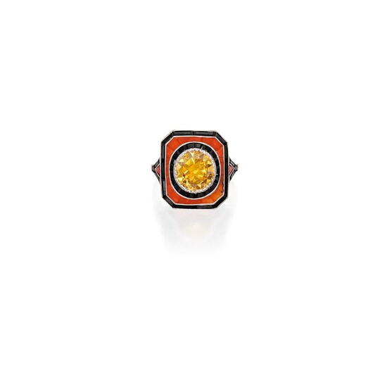 Fancy Deep Brownish Orangy Yellow Diamond, Coral and Onyx Ring