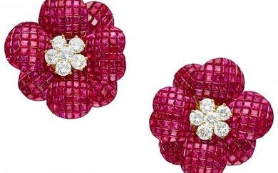 55051: Ruby, Diamond, Gold Earrings The flower earring