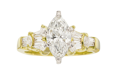 Diamond, Gold Ring The ring features a marquise-cut...