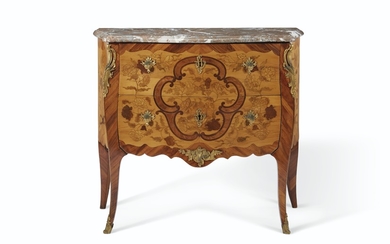 A LOUIS XV ORMOLU-MOUNTED TULIPWOOD, FRUITWOOD, AMARANTH AND MARQUETRY COMMODE, BY MARTIN-ETIENNE L'HERMITE, MID-18TH CENTURY