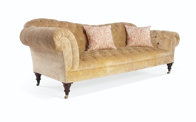 A PAIR OF UPHOLSTERED BUTTONED-TUFTED SHAPED SOFAS, 20TH CENTURY