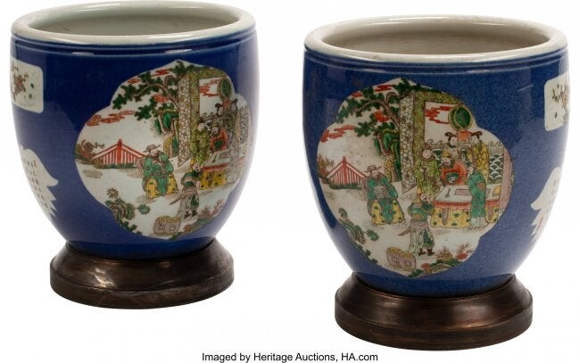 61351: A Pair of Chinese Porcelain Planters with Patina