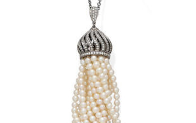 A cultured pearl, diamond and blackened 18k gold tassel pendant and chain