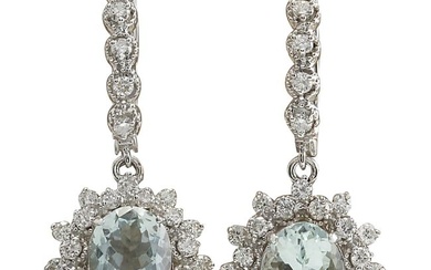 6.40 Carat Natural Aquamarine 18K White Gold Diamond Earrings