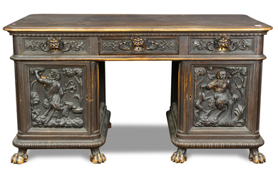 Massive Baroque style ebonized oak pedestal desk
