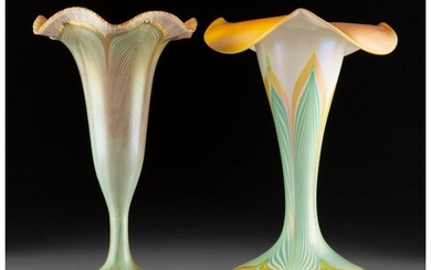 79051: Two Quezal Pulled Feather Glass Floriform Vases