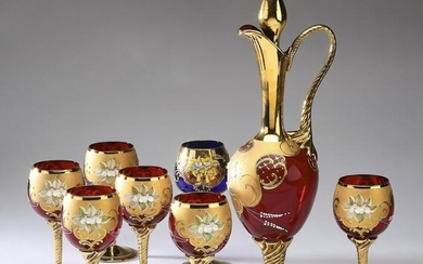 (8 pcs) Bohemian ruby art glass decanter set