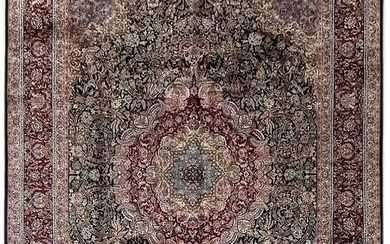 8 x 12 High Quality Wool and Silk Tabriz Rug BLACK BURGUNDY
