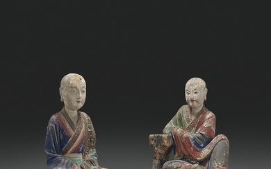 TWO PAINTED WOOD FIGURES OF LUOHAN, MING DYNASTY (1368-1644)