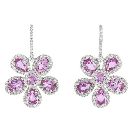 Pair of White Gold, Pink Sapphire and Diamond Pendant Flower Earrings