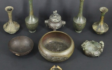 (9) Asian Metal and Wood Bowls and Vases.