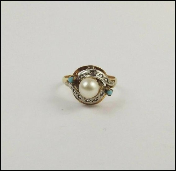 9ct Yellow Gold Pearl And Turquoise Ring UK Size P+ US