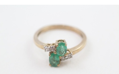 9ct gold oval-cut emerald & white gemstone cross-over ring (...