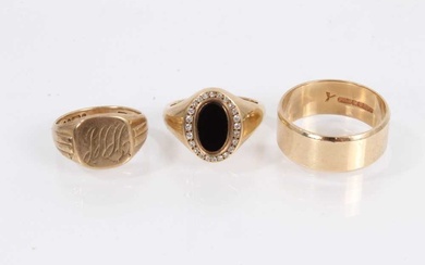 9ct gold wide band wedding ring, 9ct gold signet ring with engraved initials and one other 9ct gold oval black onyx signet ring with diamond border (3)