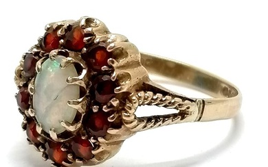 9ct hallmarked gold opal & garnet cluster ring - size R & 3....