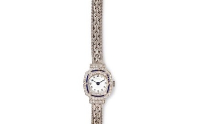 A 14 Karat White Gold, Platinum, Diamond and Sapphire Wristwatch, Waltham