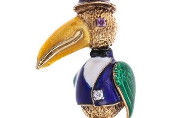 A 14K Vintage Whimsical Enamel Bird Brooch