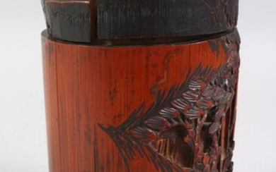 A 19TH / 20TH CENTURY CHINESE CARVED BAMBOO BRUSH POT