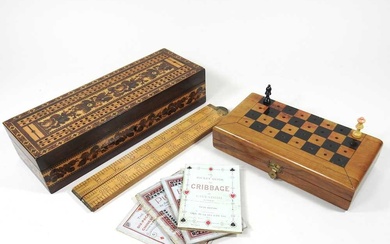 A 19th century Tunbridgeware games box, 26cm wide, together with...