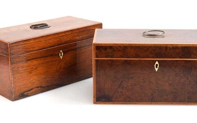 A 19th century yew and walnut banded tea caddy, the...