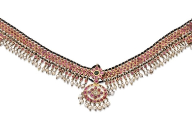 A 20th century silver gilt gem and enamel necklace, composed of closed-set ruby articulated chevron panels, suspending in the centre a ruby and zircon set oval openwork panel drop with imitation pearl fringe, to a cord fastener