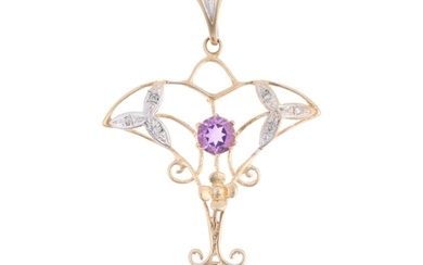 A 9ct gold amethyst and diamond openwork drop pendant, maker...