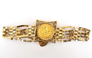 A 9ct gold four-bar gate bracelet united with a 9ct...