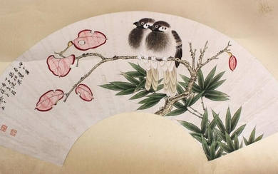 A CHINESE MOUNTED PAINTED PAPER FAN - TWO BIRDS, the