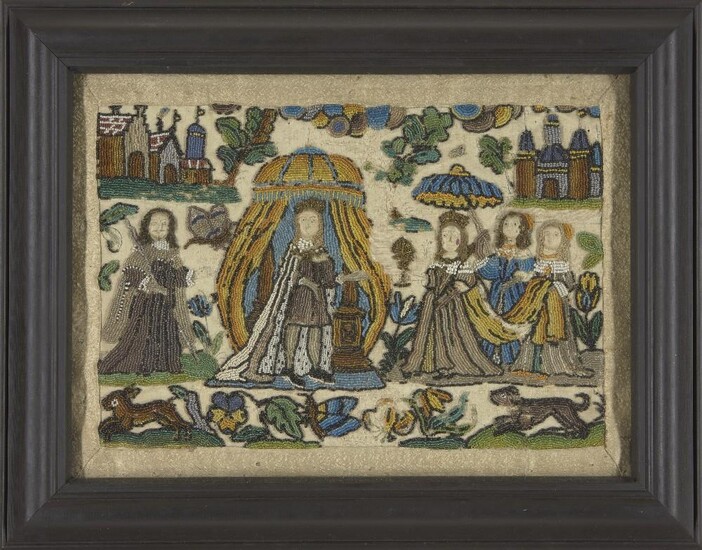 A Charles II beadwork picture, c.1660-70, depicting the meeting of King Solomon and the Queen of Sheba, the standing King beneath a canopy with attendant receiving the Queen, her attendants carrying her train, surrounded by various animals...