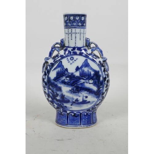 A Chinese blue and white porcelain moon flask with dragon ha...