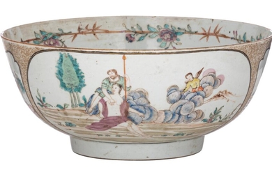 A Chinese famille rose 'Mythological Subject' punch bowl, 18thC, H 15,5 - ø 35 cm