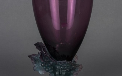 A Daum pate-de-verre and amethyst glass Bacchus vase