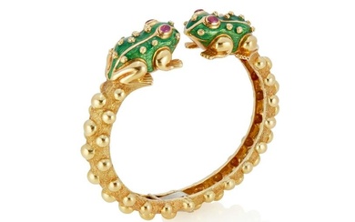 A David Webb ruby and enamel frog cuff bracelet