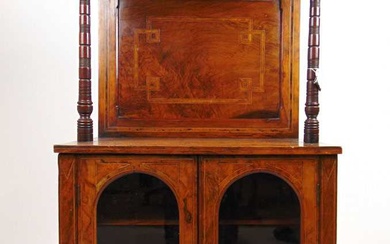 A Edwardian walnut and inlaid what-not, the top on turned...