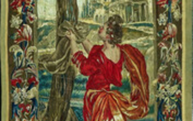 A FLEMISH VERDURE TAPESTRY DEPICTING A RED ROBED FIGURE BENEATH A TREE