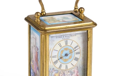 A FRENCH GILT-BRASS AND ENAMEL MINIATURE CARRIAGE CLOCK, PERHAPS J. DEJARDIN, PARIS, FOR RETAIL BY LUND & BLOCKLEY OF LONDON, LATE 19TH CENTURY