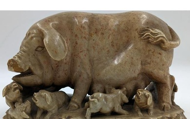 A Finely Carved Chinese Soapstone Sculpture Of A Pig And Her Piglets