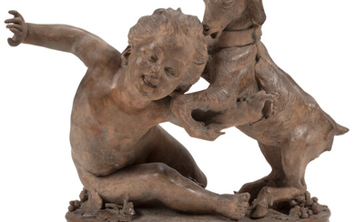 A French Terracott Figure of a Boy and Goat on Base (19th century)