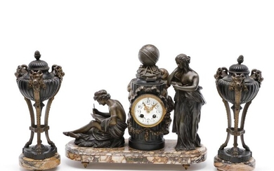 SOLD. A French three-piece mantel set. C. 1900. Clock H. 39 cm. W. 49 cm. D. 16 cm. Urns H. 34 cm. Diam. 13 cm. (3) – Bruun Rasmussen Auctioneers of Fine Art
