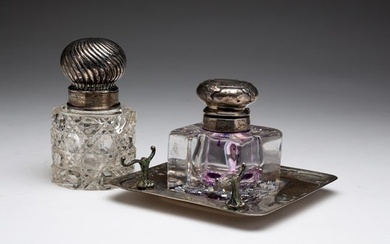 A GORHAM CRYSTAL AND STERLING SILVER INKWELL.