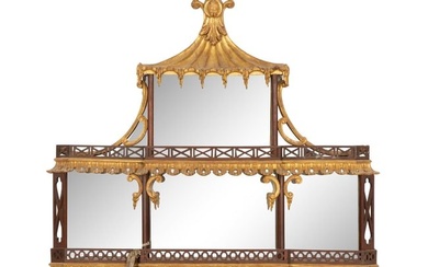 A George III Style Pierce Carved and Parcel Gilt Mahogany and Mirror Glass Pagoda-Form Hanging &#201