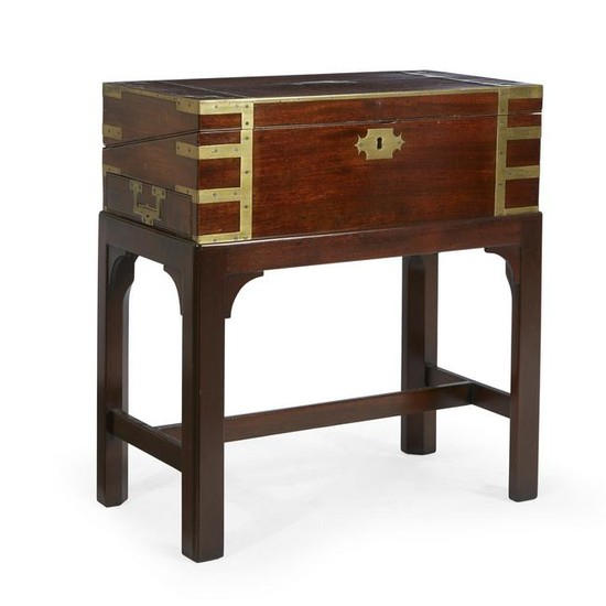 A George III brass-bound mahogany lap desk on stand